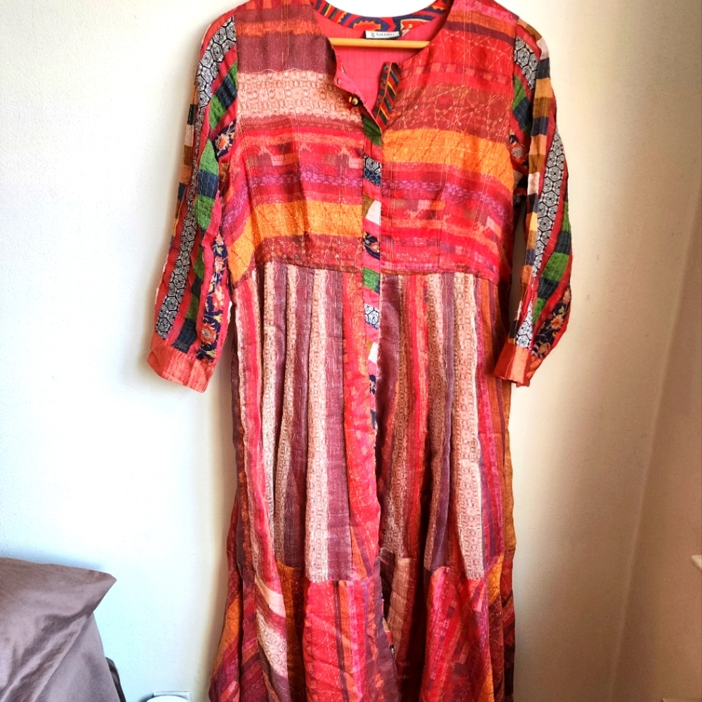 CLOSE OUT SALE !! Midi dress in red/ yellow in linen with hand made beaded belt.